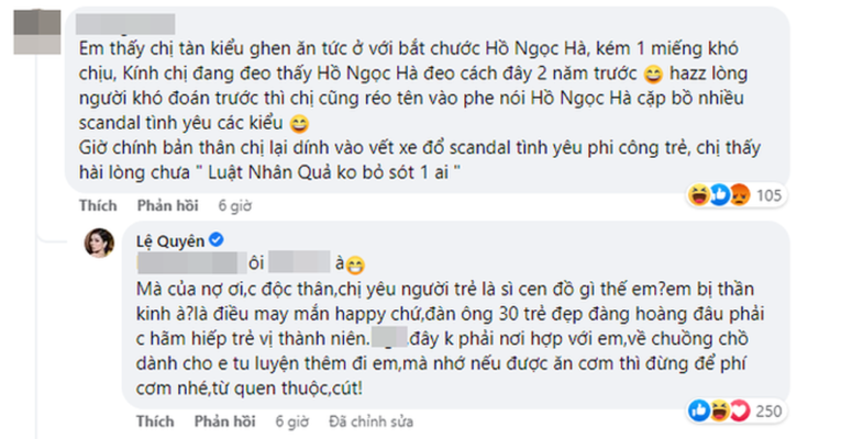 Antifan bình luận kém văn minh, Lệ Quyên gay gắt đáp trả 